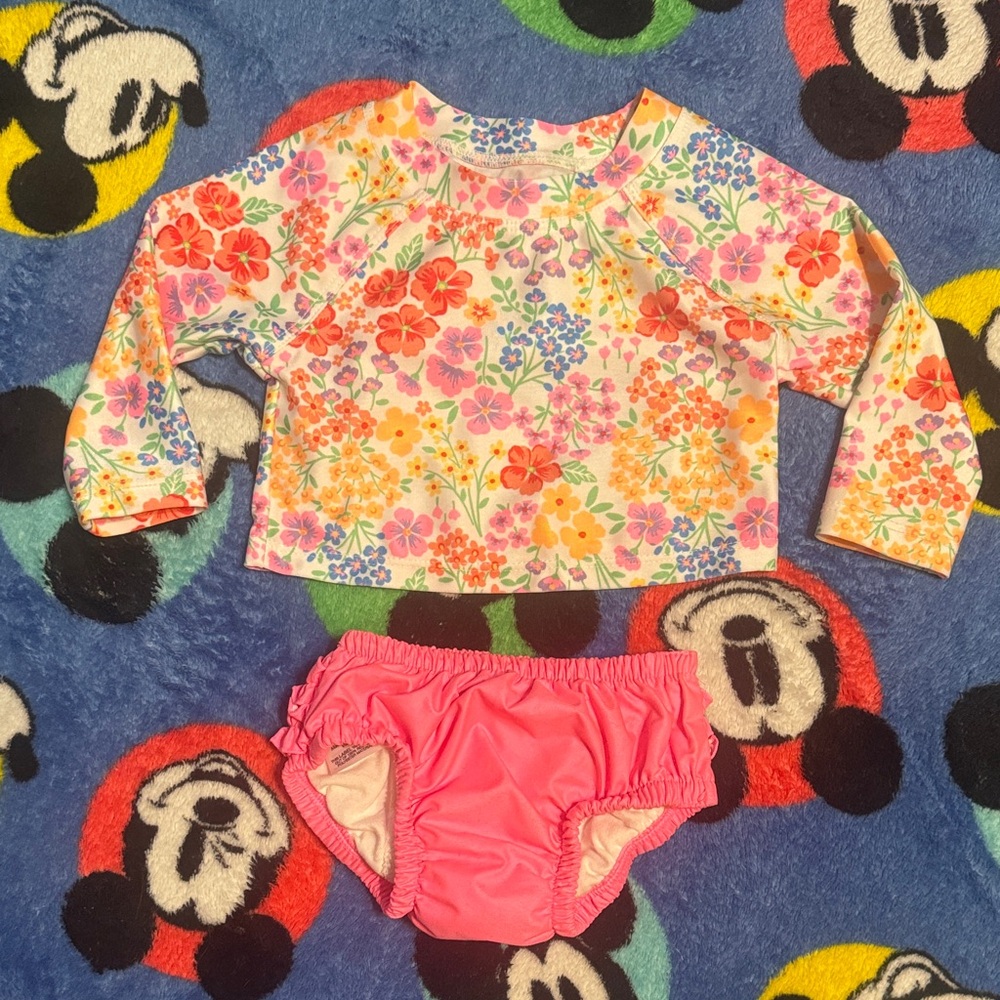 Floral Long Sleeve Top and Pink Bottom Swim Set